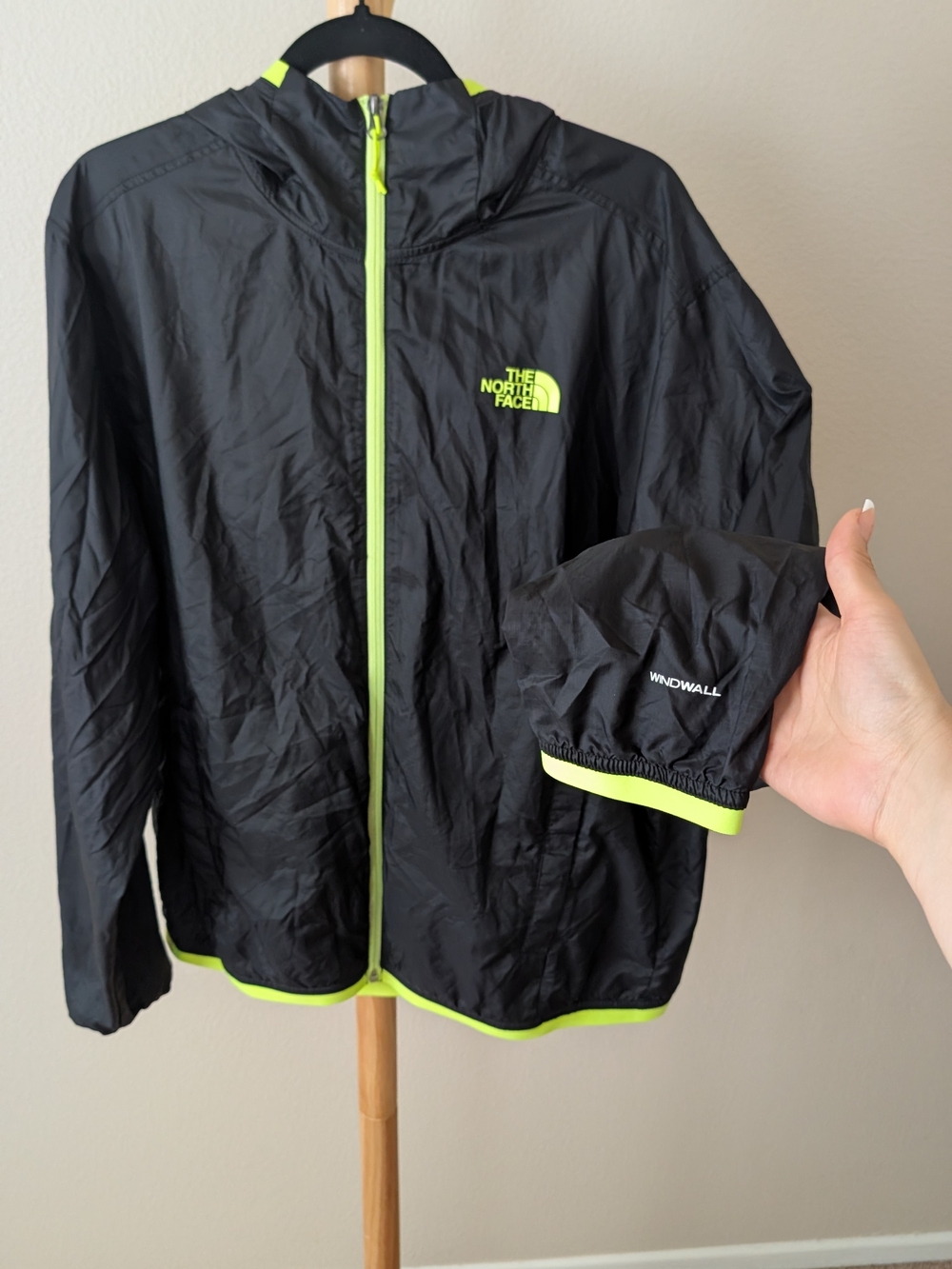 The North Face Men's Black Windbreaker with Neon Yellow Trim